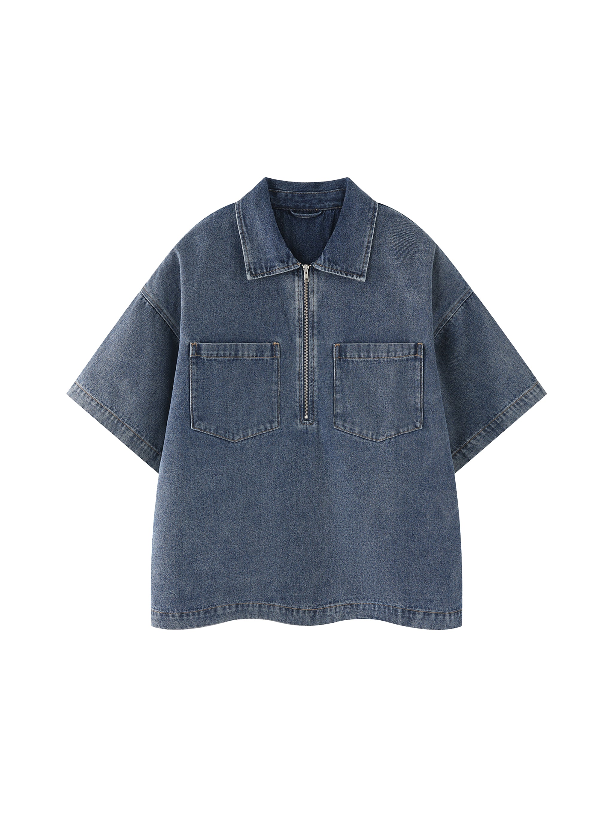 Unisex Oversized Vintage Wash Quarter Zip Denim Shirt – Boxy Streetwear Pullover