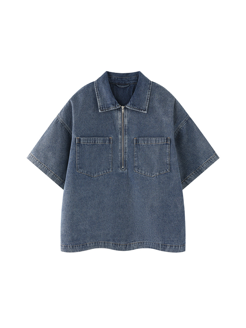 Unisex Oversized Vintage Wash Quarter Zip Denim Shirt – Boxy Streetwear Pullover