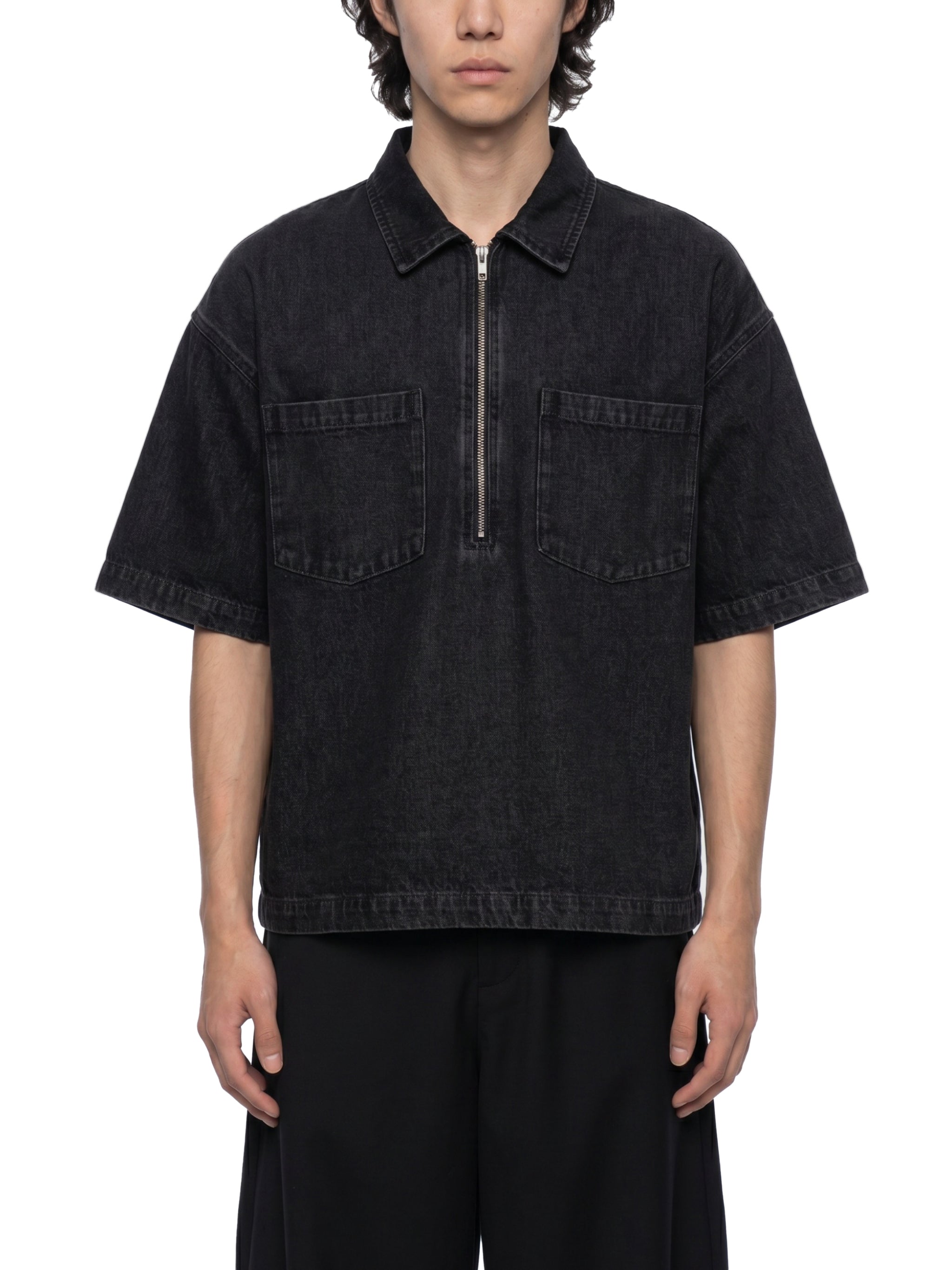 Unisex Oversized Vintage Wash Quarter Zip Denim Shirt – Boxy Streetwear Pullover