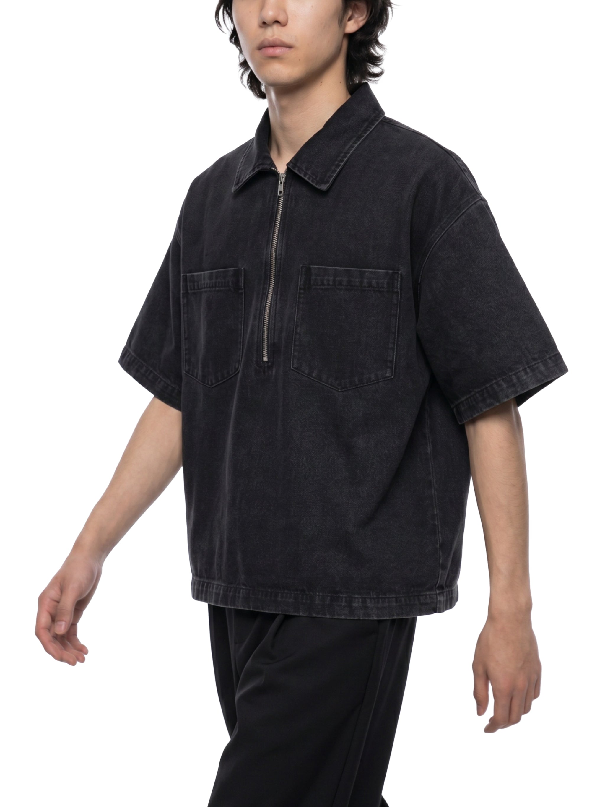 Unisex Oversized Vintage Wash Quarter Zip Denim Shirt – Boxy Streetwear Pullover