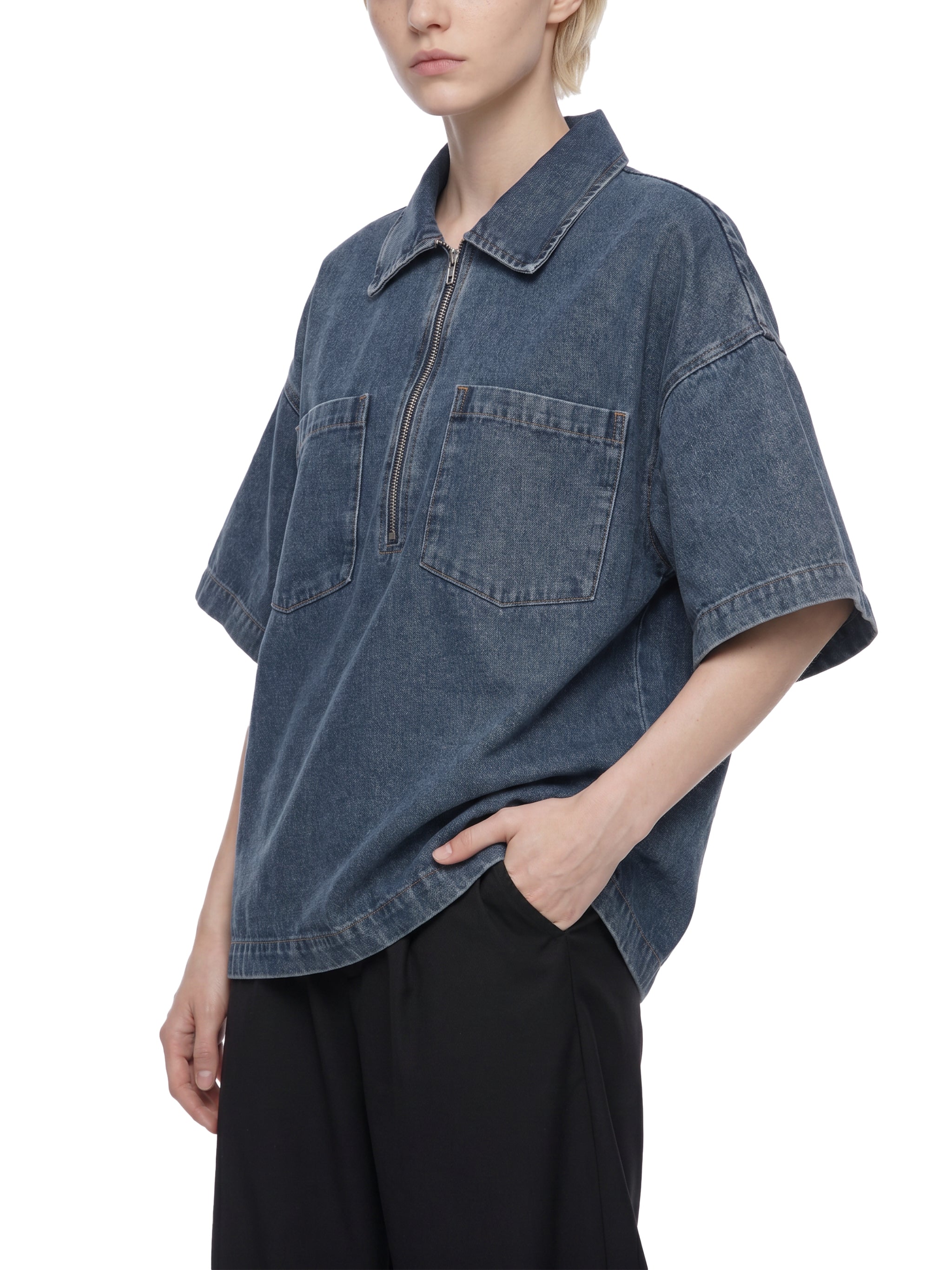 Unisex Oversized Vintage Wash Quarter Zip Denim Shirt – Boxy Streetwear Pullover