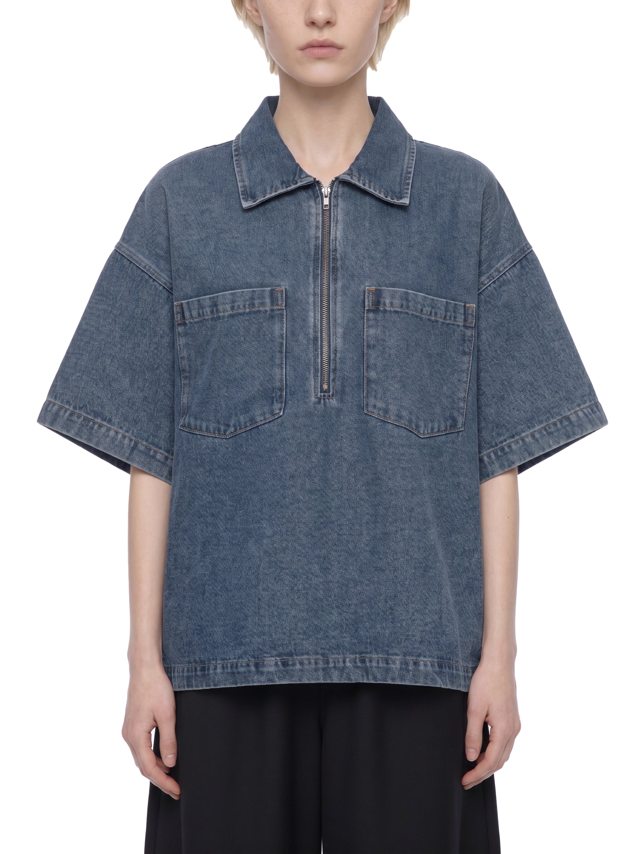 Unisex Oversized Vintage Wash Quarter Zip Denim Shirt – Boxy Streetwear Pullover