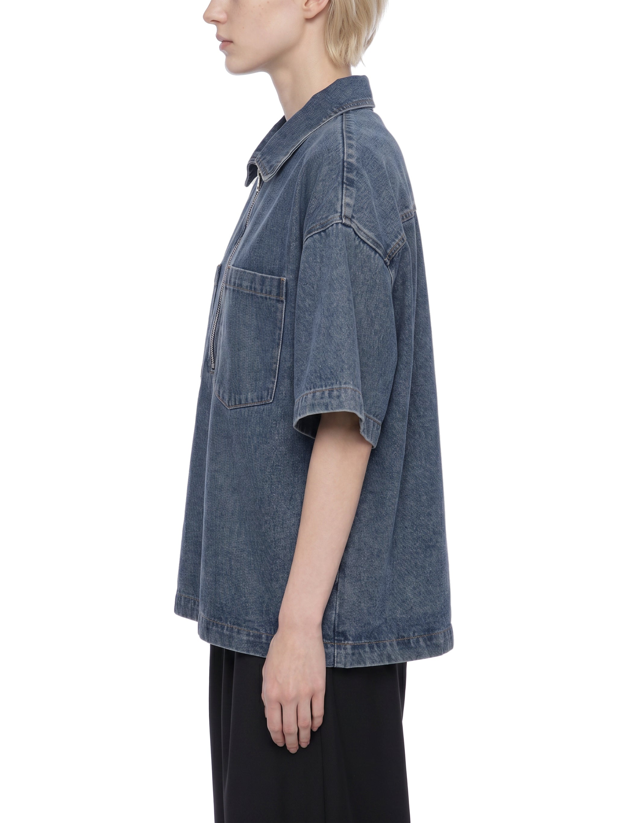 Unisex Oversized Vintage Wash Quarter Zip Denim Shirt – Boxy Streetwear Pullover
