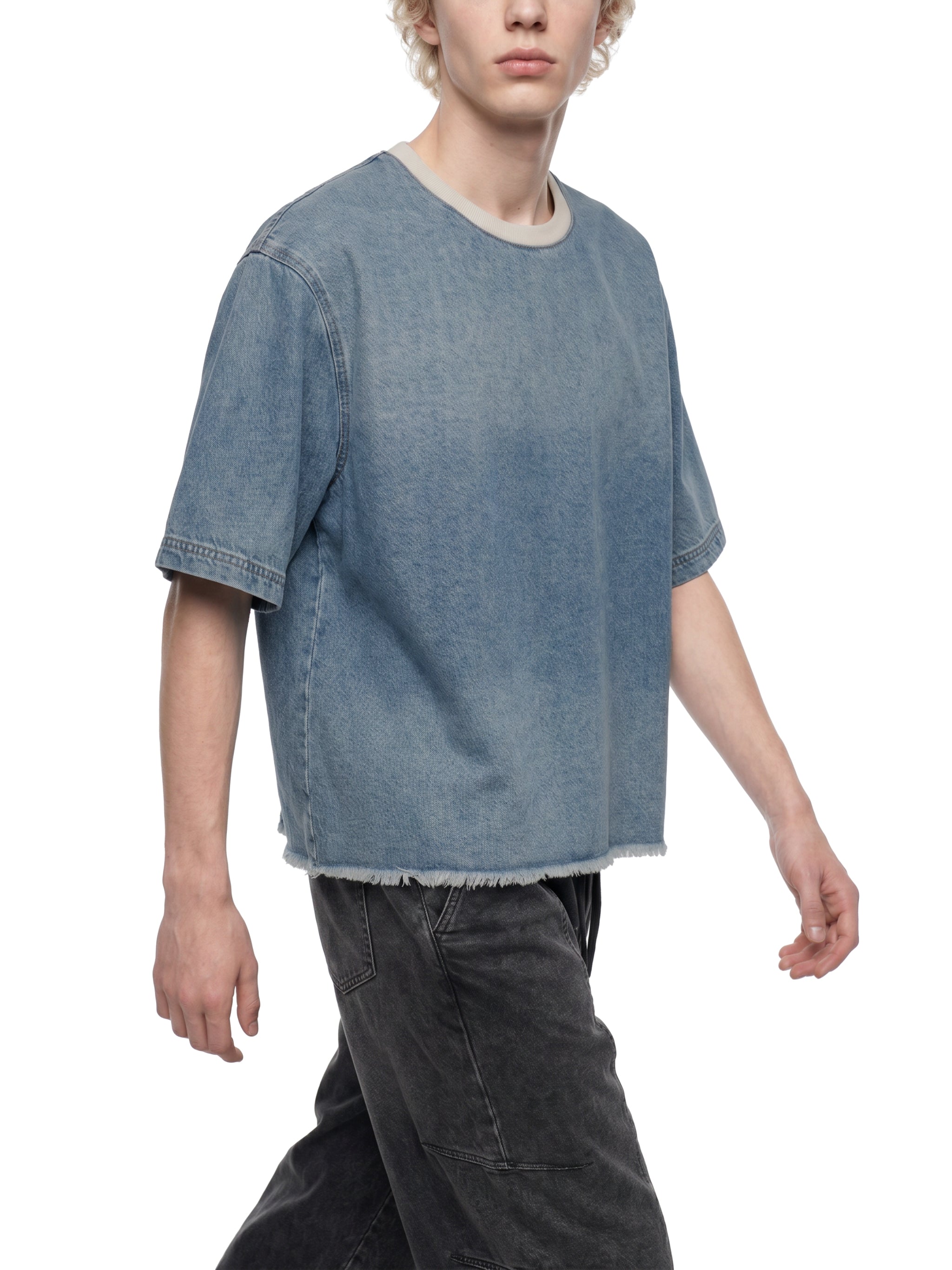 Unisex Vintage Wash Raw Hem Denim T-Shirt – Oversized Boxy Streetwear Denim Tee