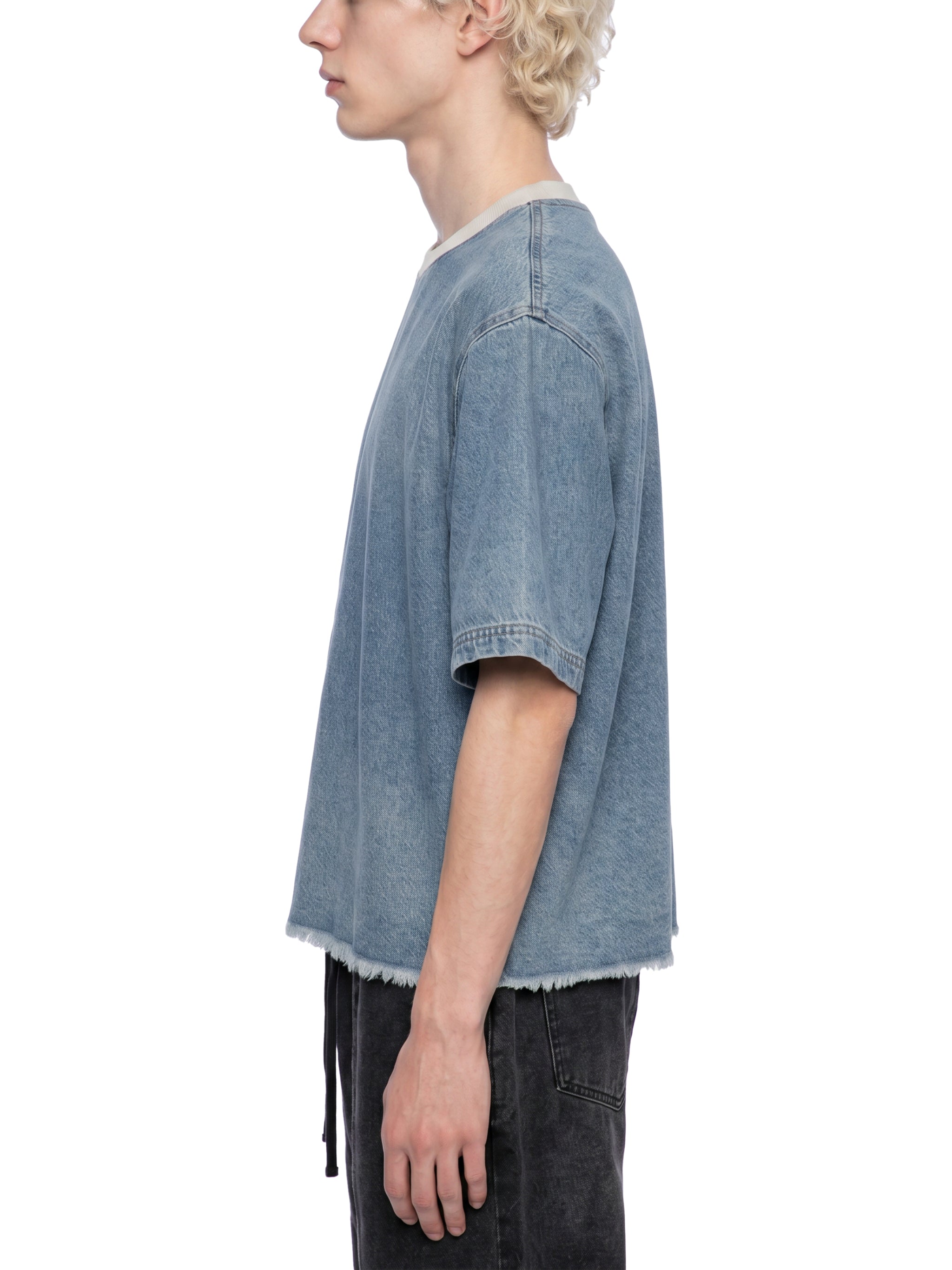 Unisex Vintage Wash Raw Hem Denim T-Shirt – Oversized Boxy Streetwear Denim Tee