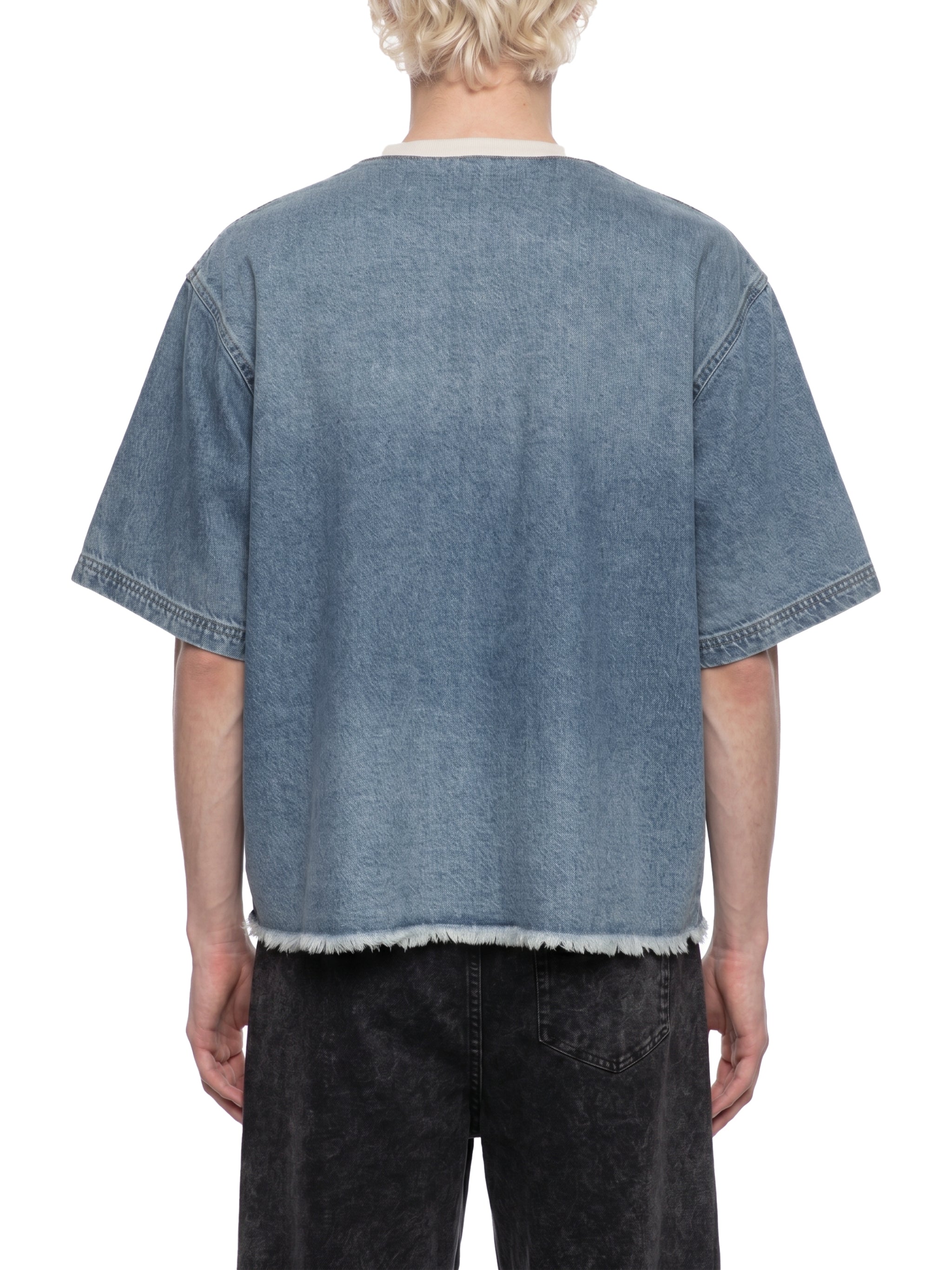 Unisex Vintage Wash Raw Hem Denim T-Shirt – Oversized Boxy Streetwear Denim Tee