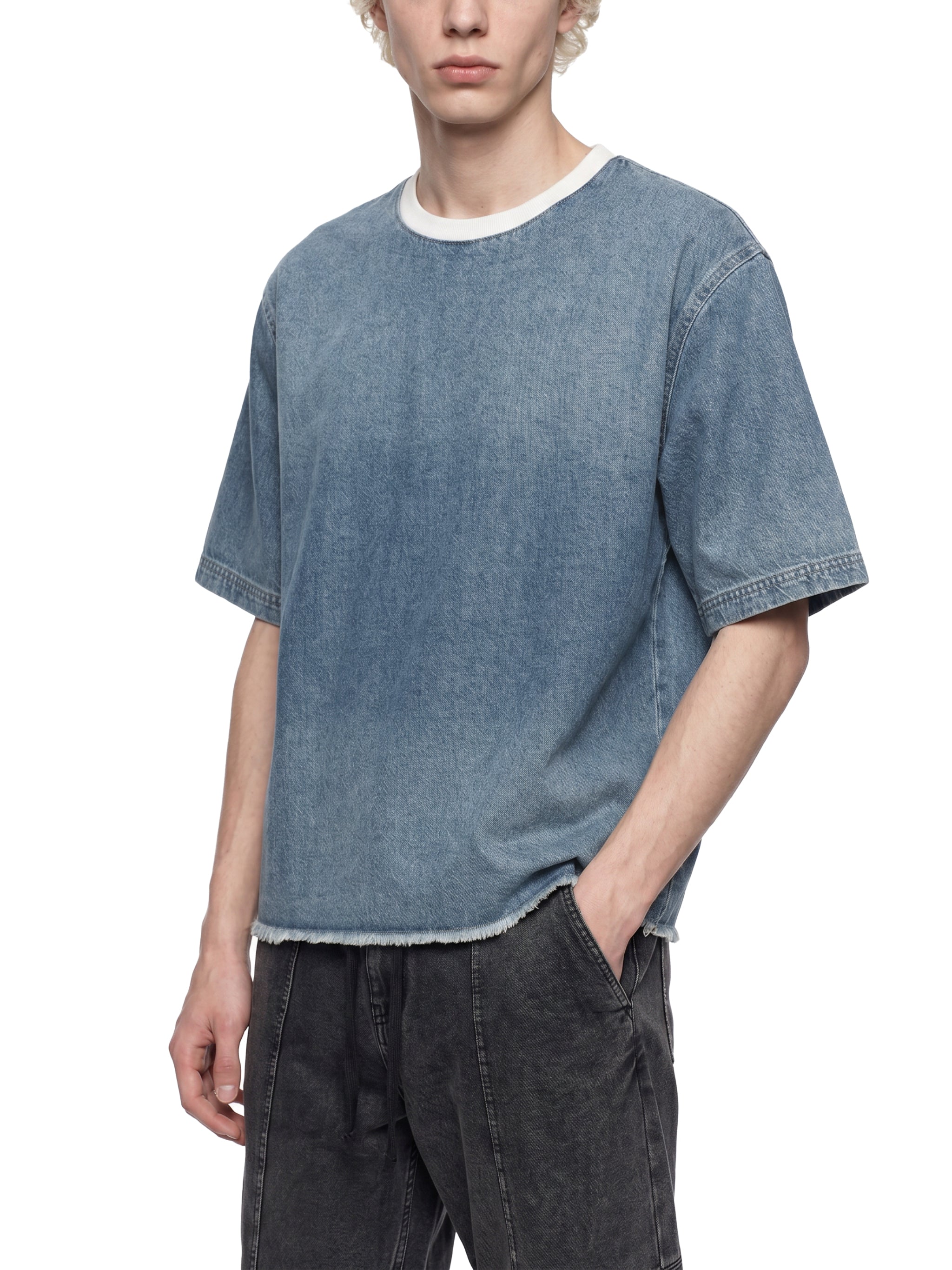 Unisex Vintage Wash Raw Hem Denim T-Shirt – Oversized Boxy Streetwear Denim Tee