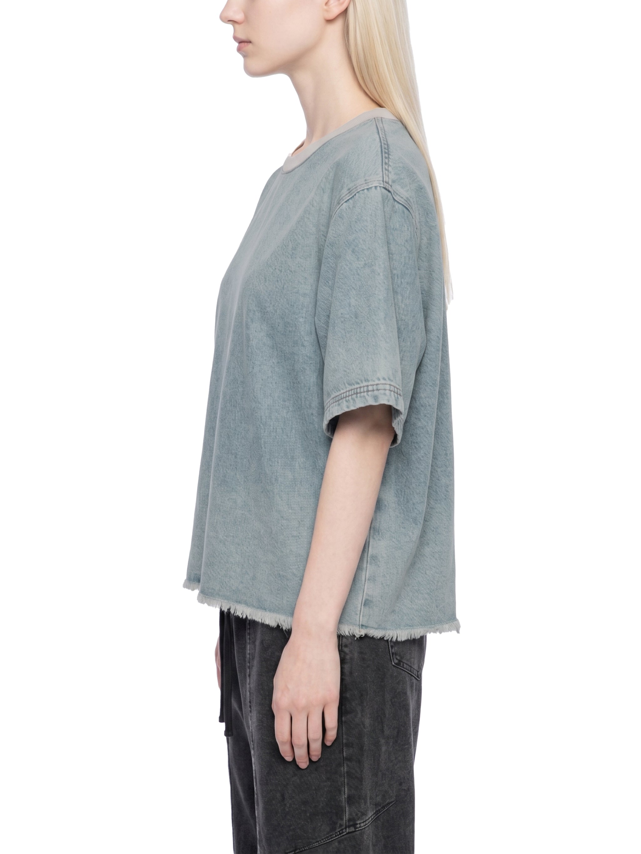 Unisex Vintage Wash Raw Hem Denim T-Shirt – Oversized Boxy Streetwear Denim Tee