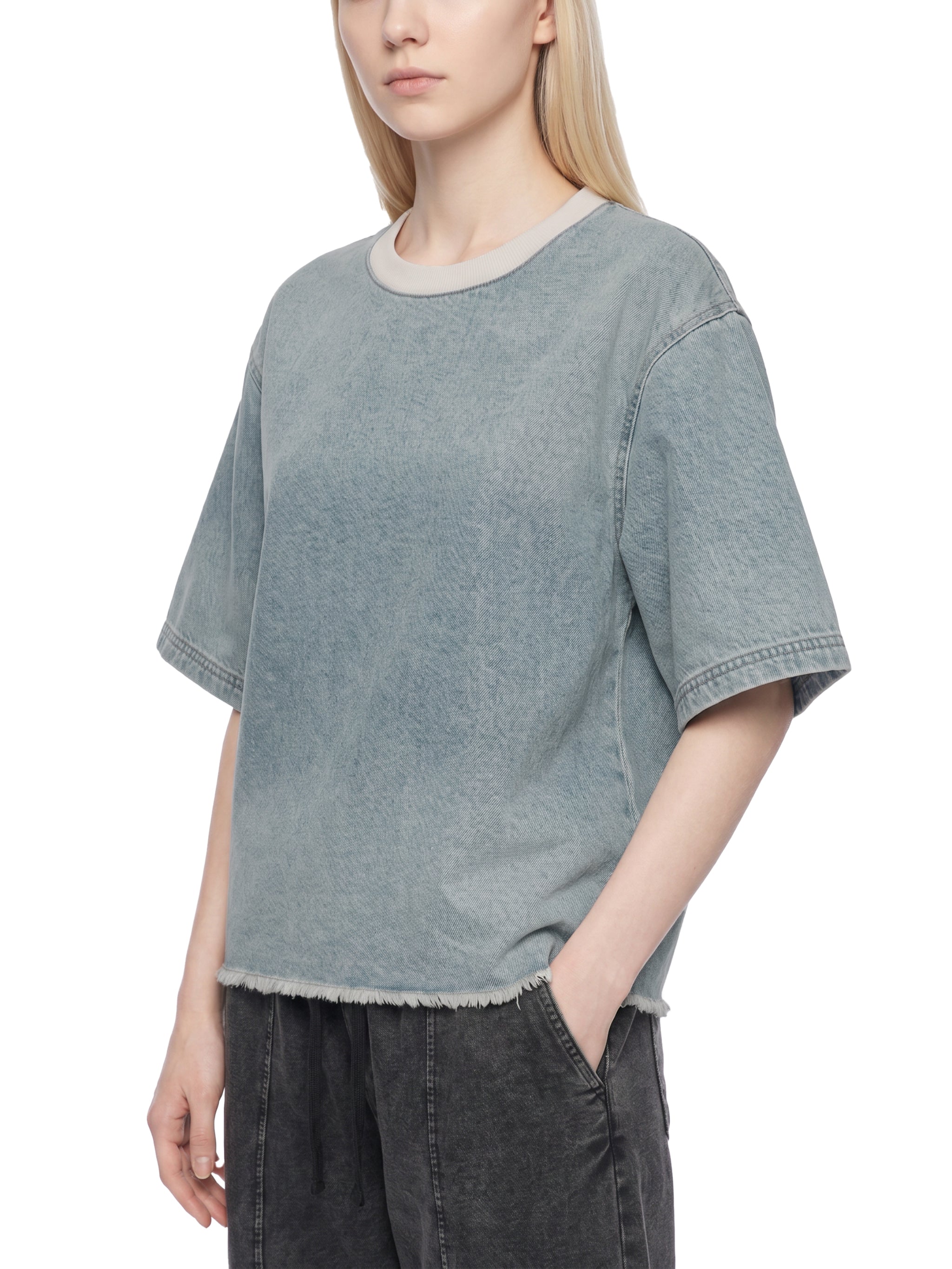 Unisex Vintage Wash Raw Hem Denim T-Shirt – Oversized Boxy Streetwear Denim Tee