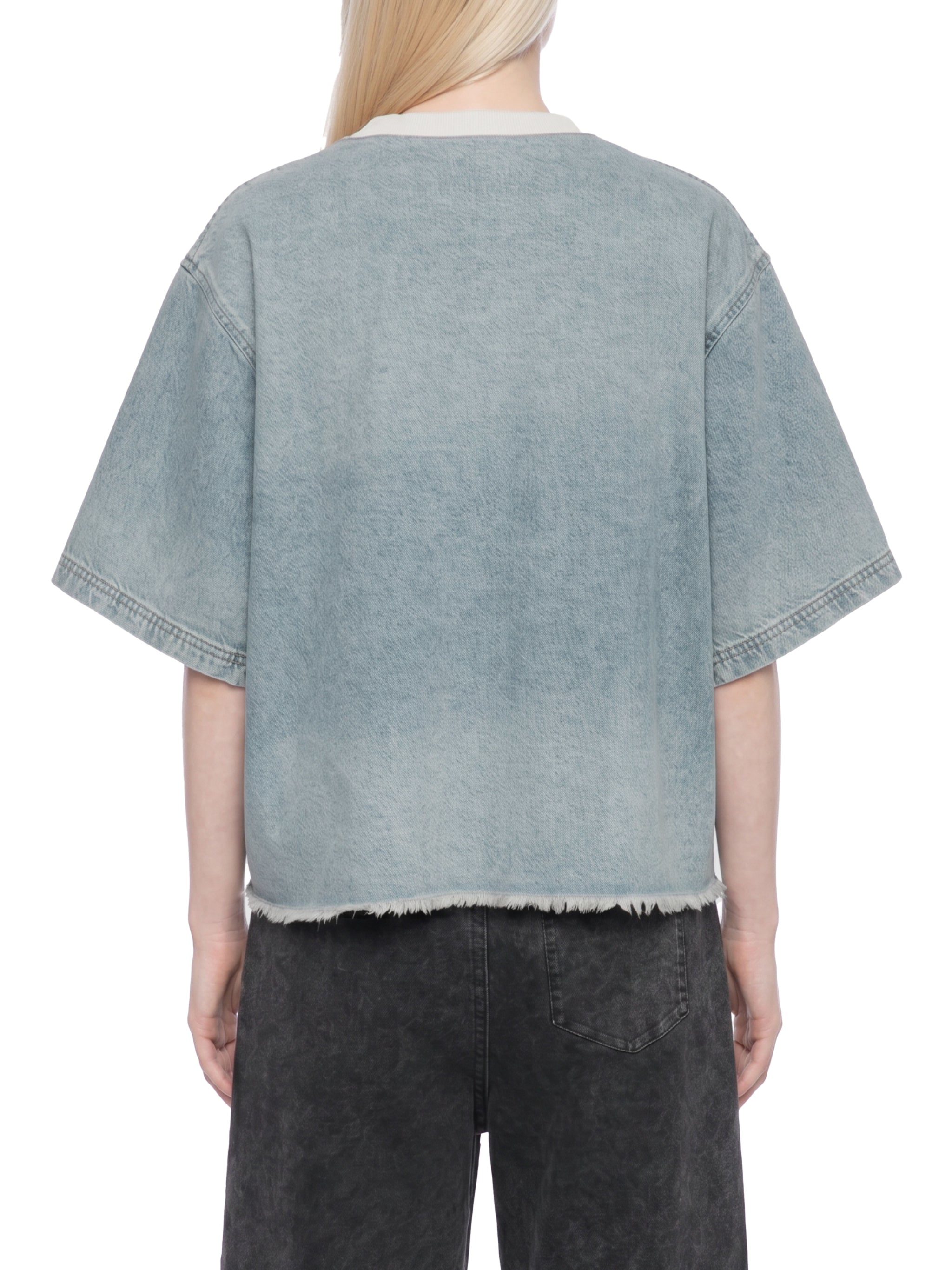 Unisex Vintage Wash Raw Hem Denim T-Shirt – Oversized Boxy Streetwear Denim Tee