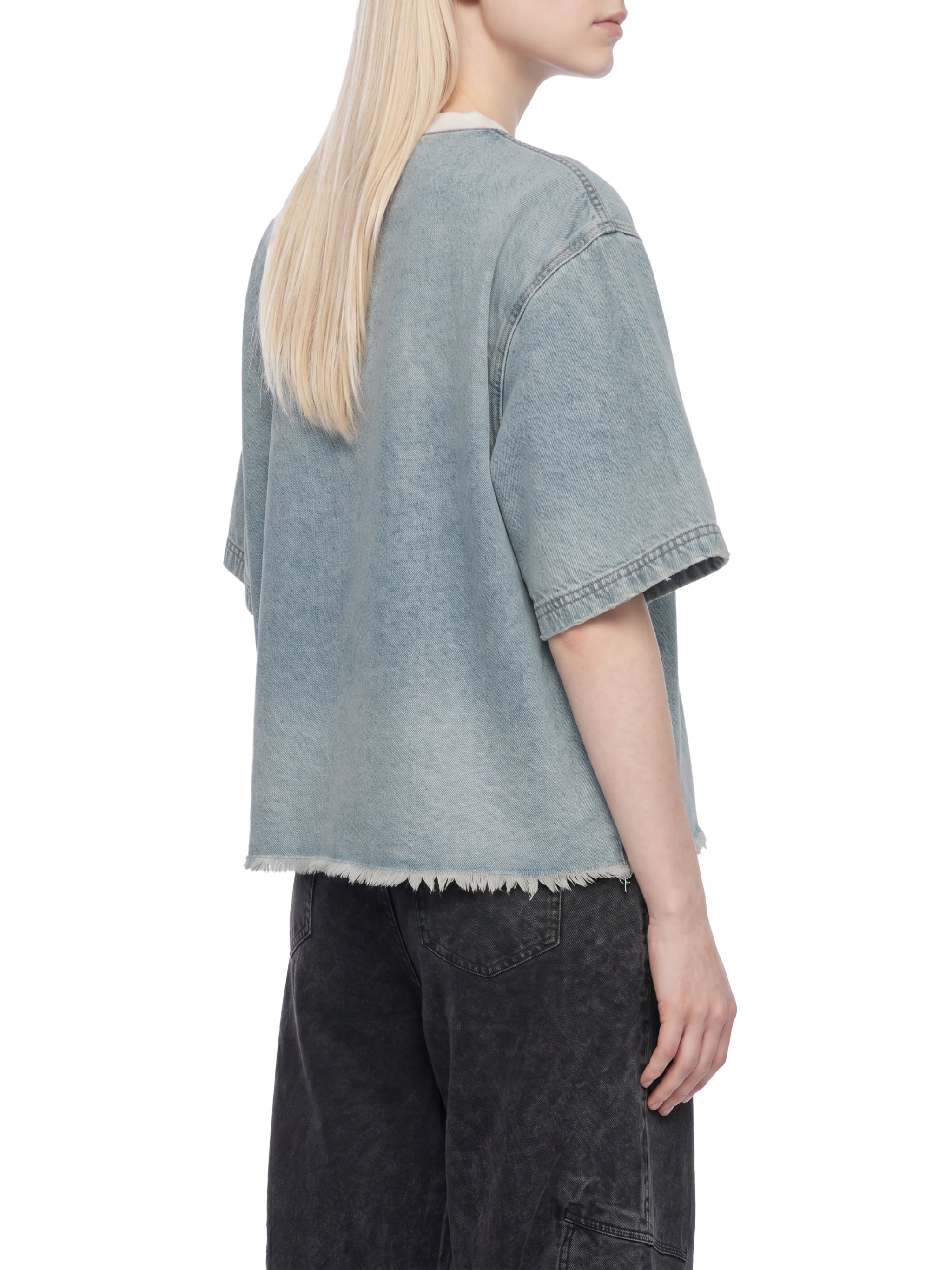 Unisex Vintage Wash Raw Hem Denim T-Shirt – Oversized Boxy Streetwear Denim Tee