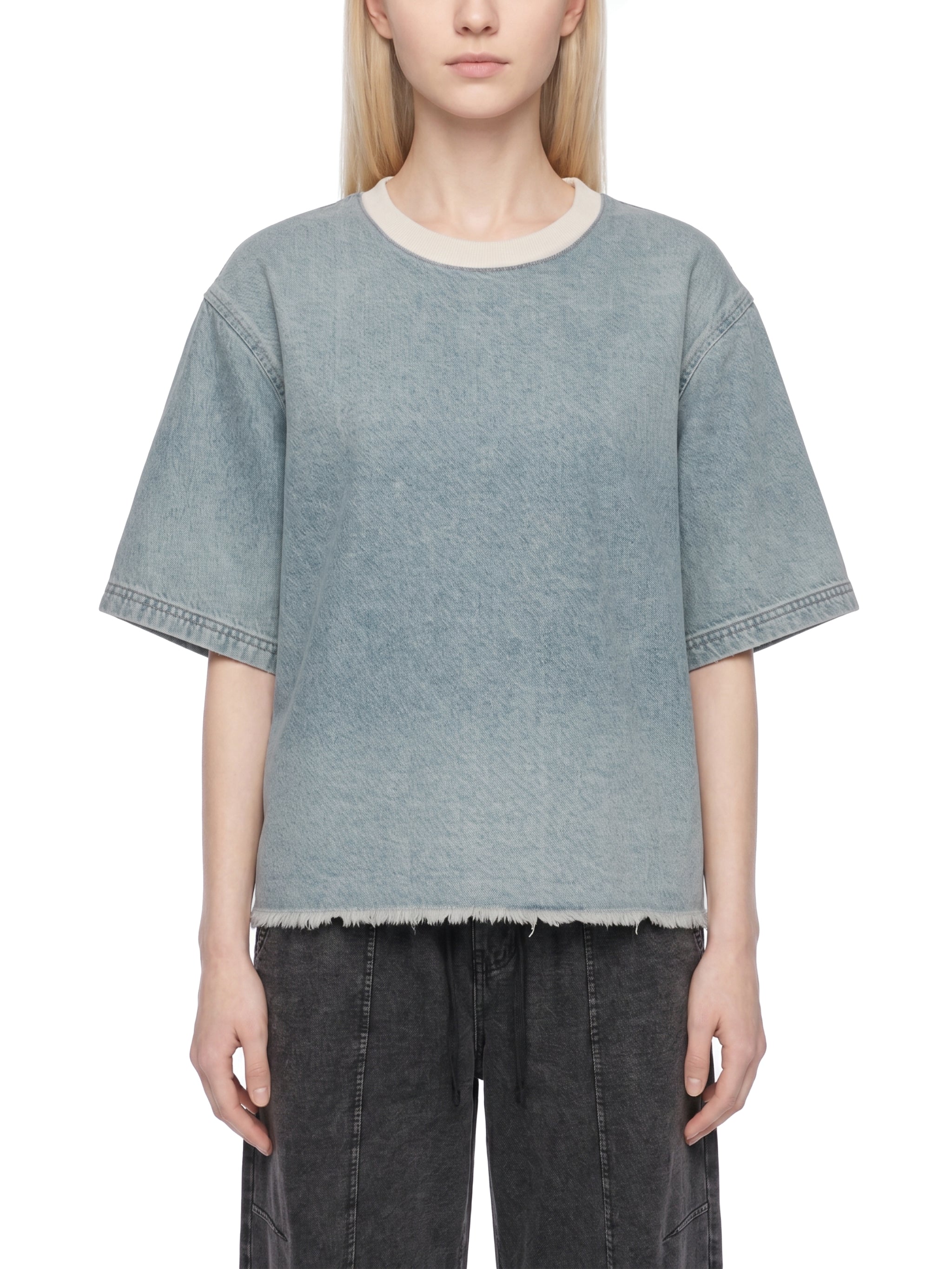 Unisex Vintage Wash Raw Hem Denim T-Shirt – Oversized Boxy Streetwear Denim Tee