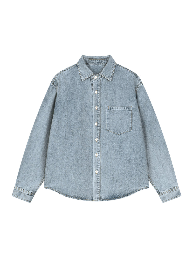 Unisex Vintage Wash Denim Shirt – Oversized Retro Button-Up Streetwear Denim Top