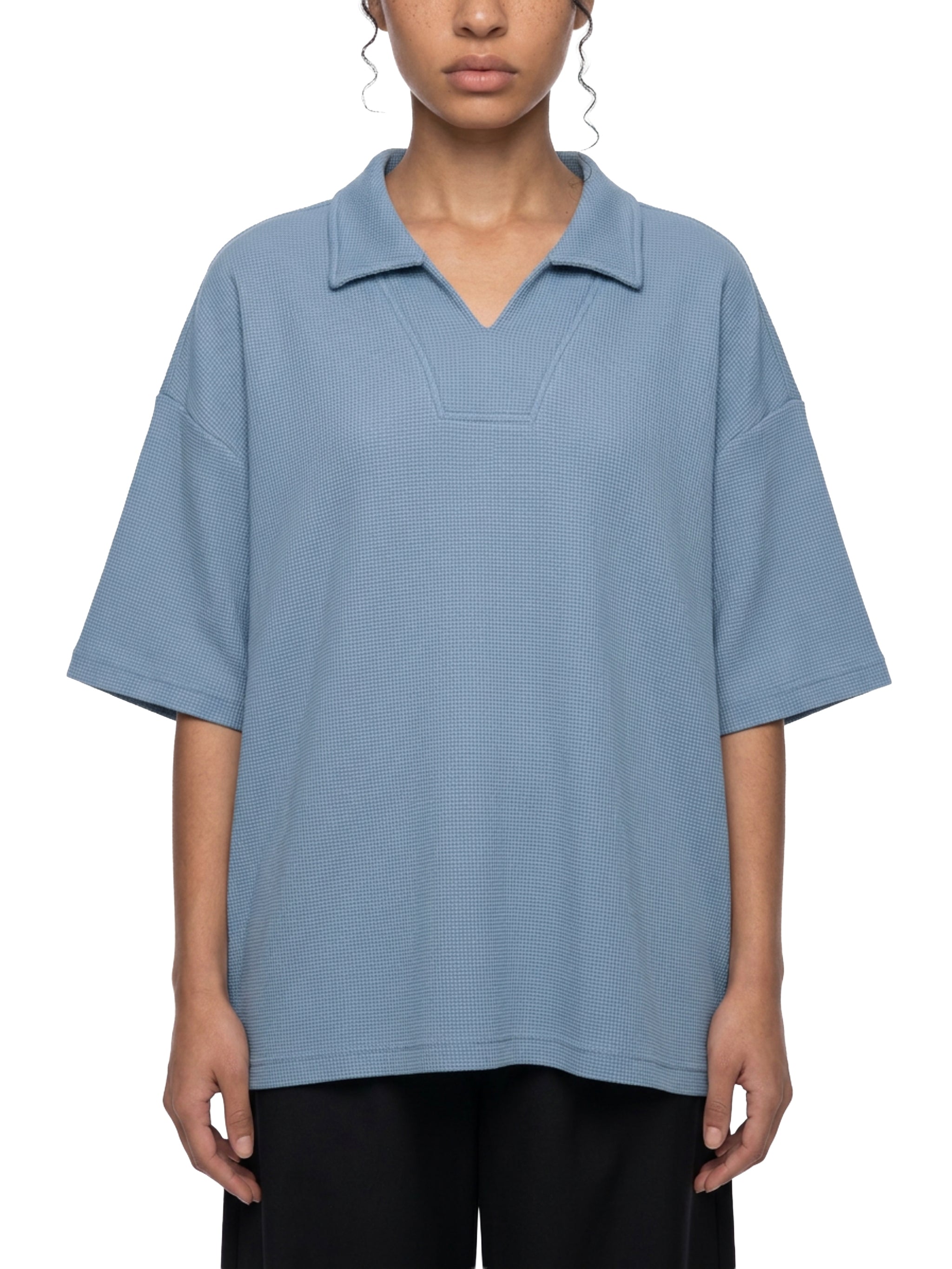 Unisex Oversized Vintage Wash Waffle Knit Polo Shirt – Boxy Streetwear Textured Tee