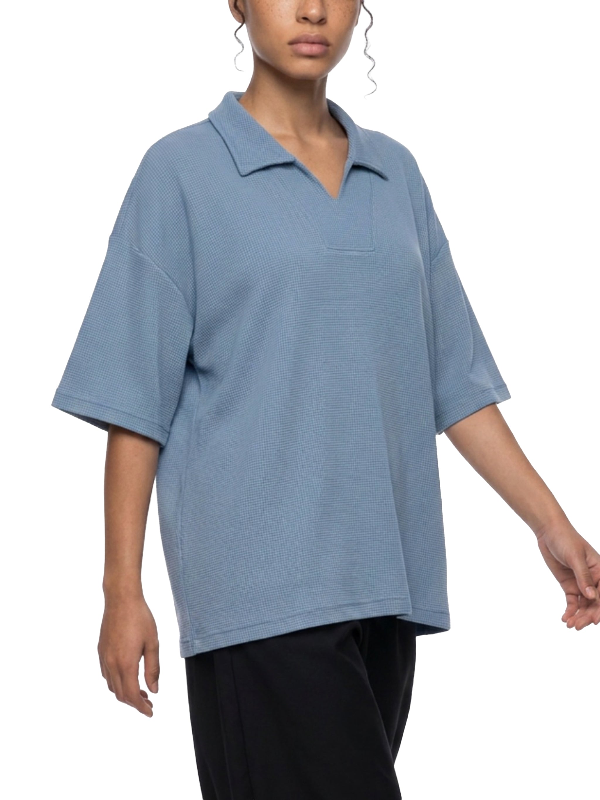 Unisex Oversized Vintage Wash Waffle Knit Polo Shirt – Boxy Streetwear Textured Tee