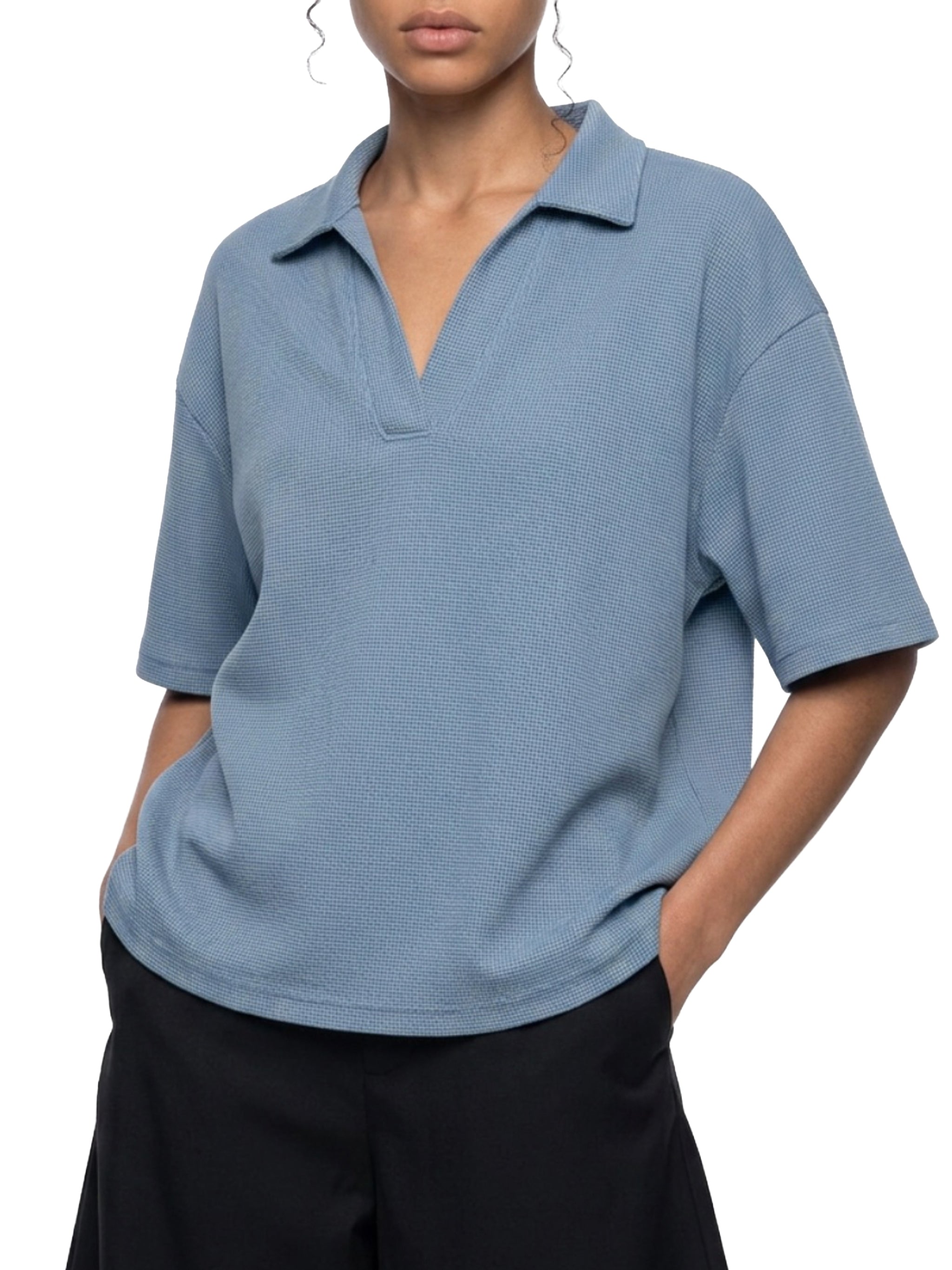 Unisex Oversized Vintage Wash Waffle Knit Polo Shirt – Boxy Streetwear Textured Tee